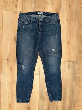 PAIGE Dark Blue Ankle Crop Distressed Jeans